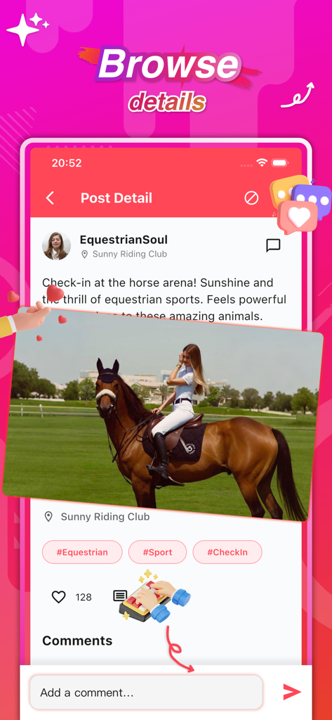 Bela - Photos & Social - Una publicación en la aplicación Bela que muestra un check-in fotográfico en un club de equitación con funciones de interacción como "me gusta" y comentarios.