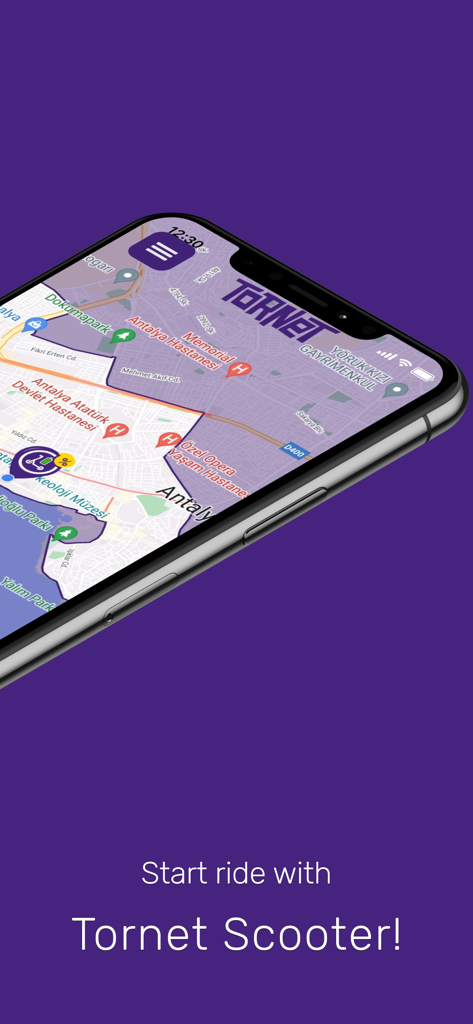 Tornet Scooter - Mapa do aplicativo móvel Tornet Scooter exibindo e-scooters disponíveis