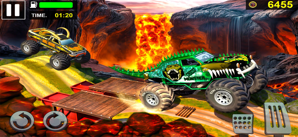 Monster Truck 4x4: Offroad MTD - Two beast-themed monster trucks racing through a volcanic landscape with lava waterfalls.