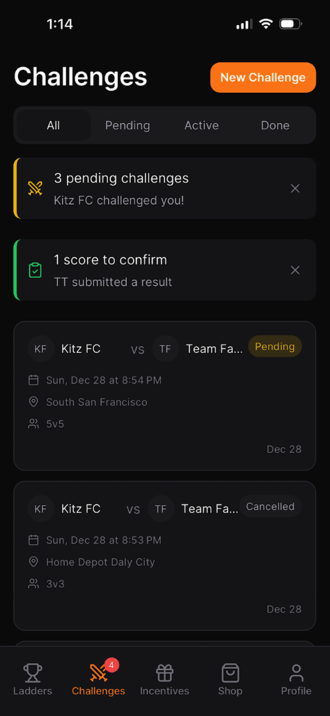 KITZ - Social - Challenges screen of the KITZ app showing pending match requests and score confirmations