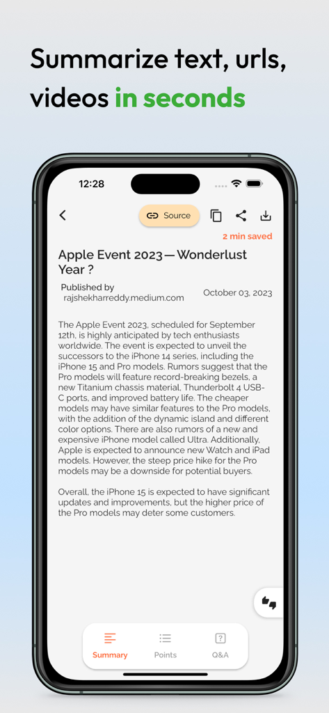 iPhone screenshot showing a concise text summary of a news article about the 2023 Apple Event using the TLDR app