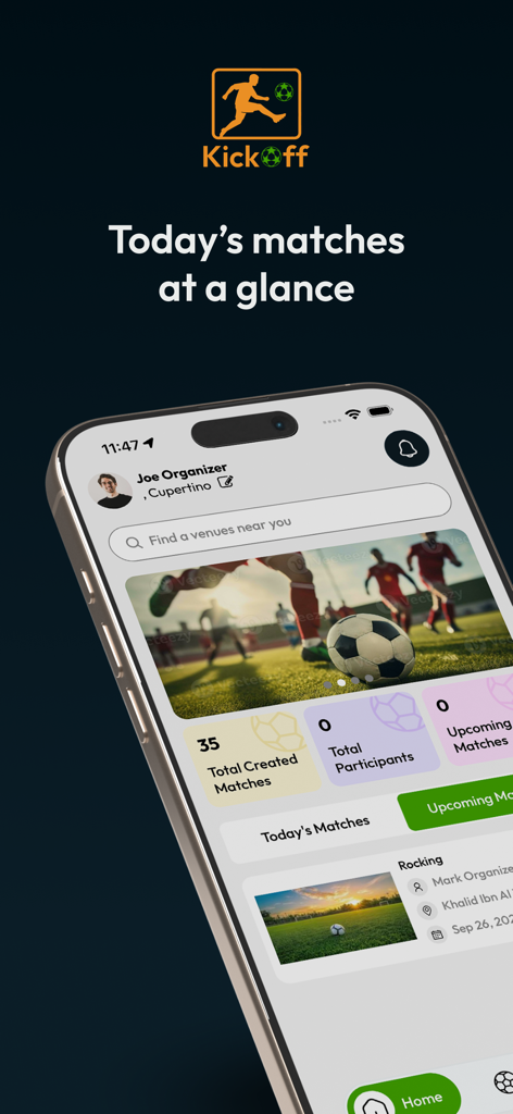 Kickoff-football - 本日の試合概要とプレイヤーの統計情報を示す、Kickoff footballのモバイルアプリインターフェイス