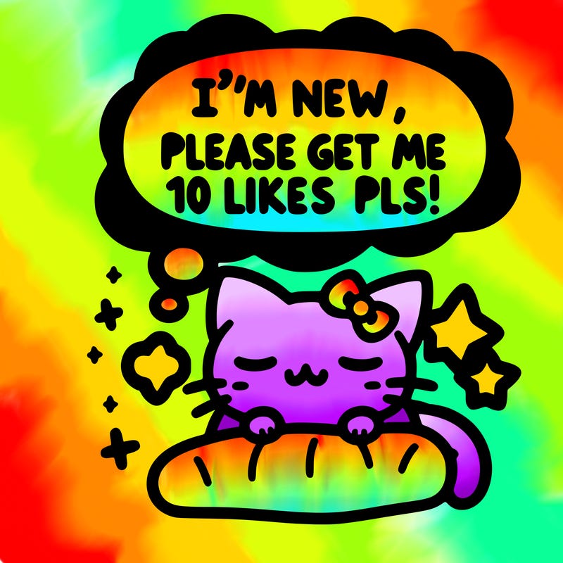 kitty taking a nap dream talking and saying "i'm new, please get me at least 10 likes pls!!"