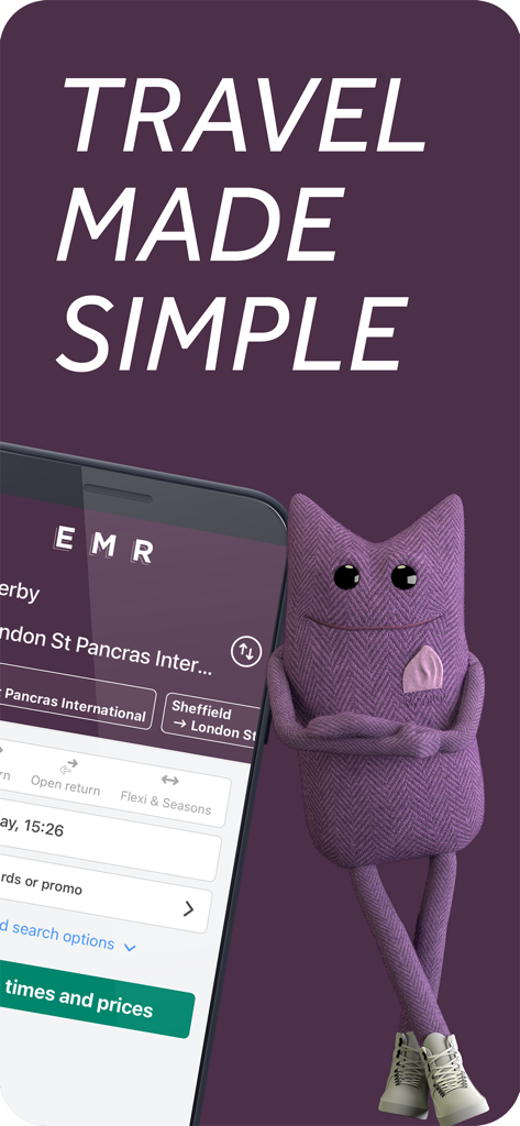 EMR - East Midlands Railway - EMR train booking app interface with Travel Made Simple headline and a purple mascot