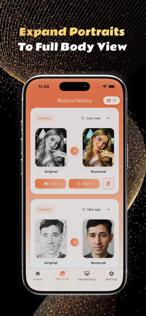 Nexary app Restore History screen displaying before and after comparisons of enhanced portrait photos