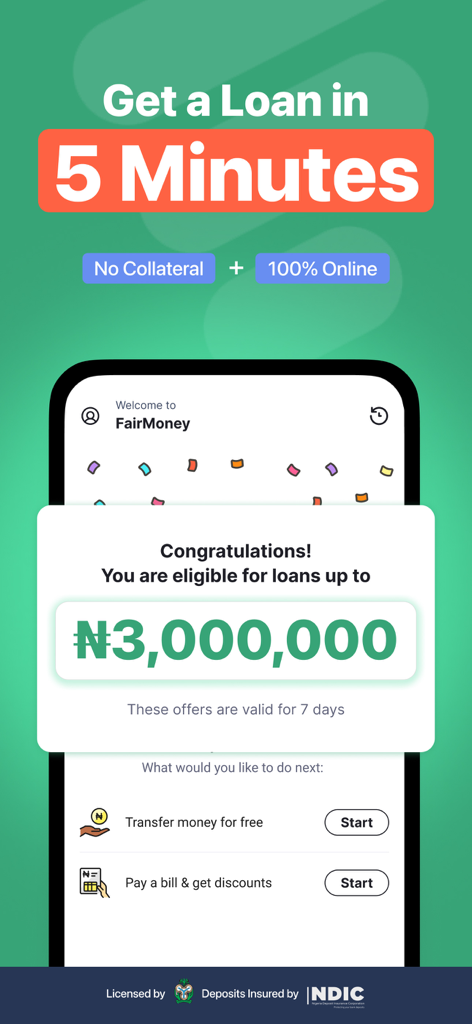 FairMoney app interface showing instant loan eligibility up to 3 million Naira with no collateral required