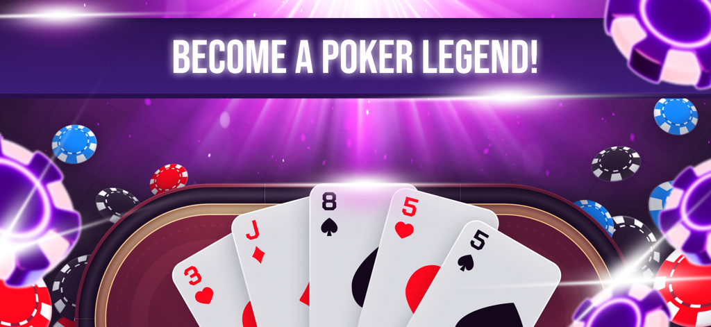 Poker Game: Texas Hold'em - トランプとカラフルなチップが特徴のテキサスホールデムポーカーゲームのプロモーショングラフィック、「Become a Poker Legend」というテキストが表示されています