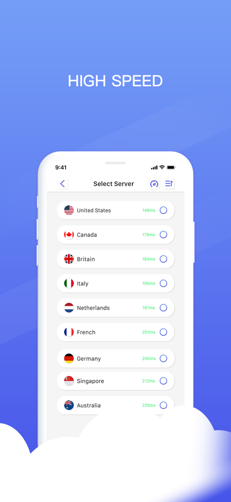 JoyBooster - VPN Proxy Master - Interfaz de la aplicación JoyBooster VPN que muestra una lista de servidores globales de alta velocidad