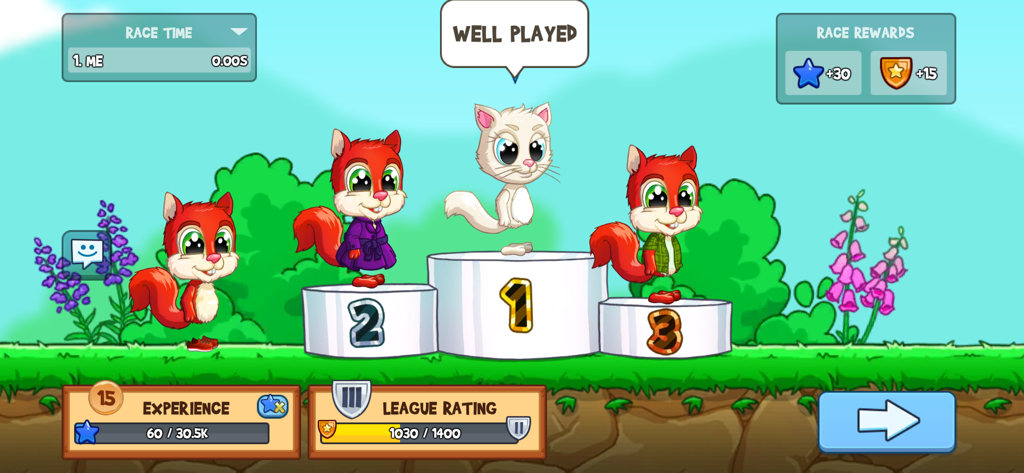 Three stylish animal characters standing on a victory podium after a multiplayer race in Fun Run 3.