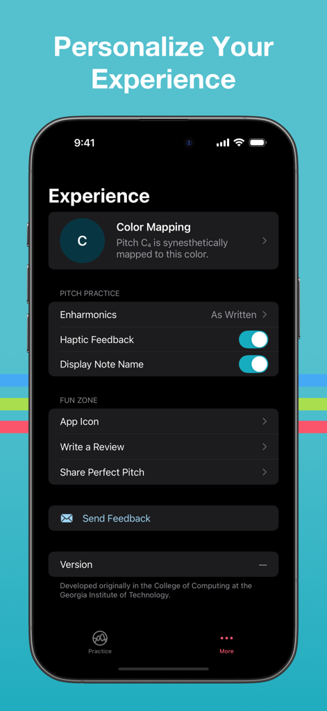 Perfect Pitch — Synesthesia - El menú de configuración de personalización de la aplicación Perfect Pitch Synesthesia, que incluye mapeo de colores y opciones de práctica.