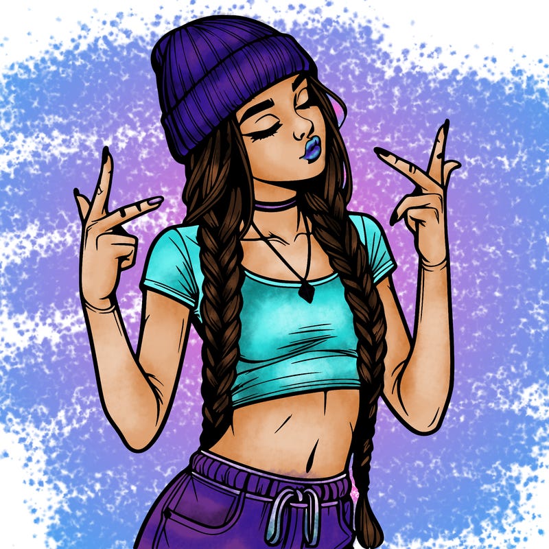 realistic teenage girl with braids and a beanie and crop top doing 🫶🏼
