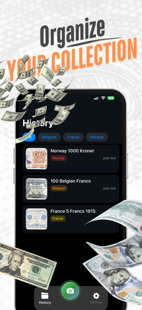 Banknote Identifier Snap Value - App-Bildschirm, der eine organisierte Historie gescannter Banknoten aus verschiedenen Ländern zeigt