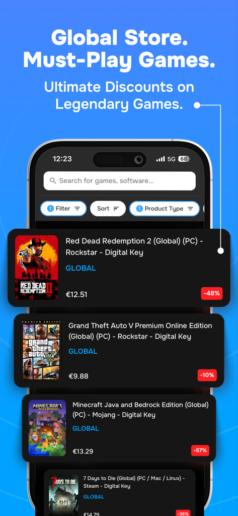 Interfaz de la aplicación Driffle Marketplace mostrando llaves digitales con descuento para juegos legendarios como Red Dead Redemption 2 y Grand Theft Auto V