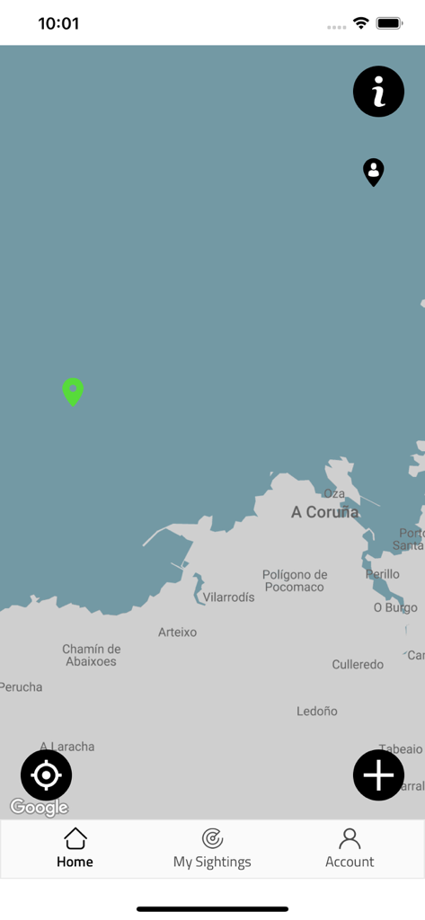 Orcinus - Map interface of the Orcinus app showing a whale sighting pin near the coastline