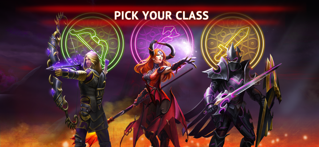 Pantalla de selección de personaje para Guild of Heroes mostrando las clases Arquero, Mago y Guerrero