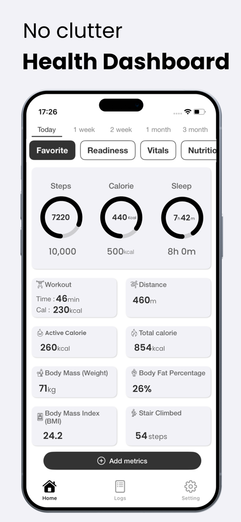 Health App AI - Pantalla de aplicación móvil que muestra un panel de salud limpio con datos de seguimiento de pasos, calorías y sueño