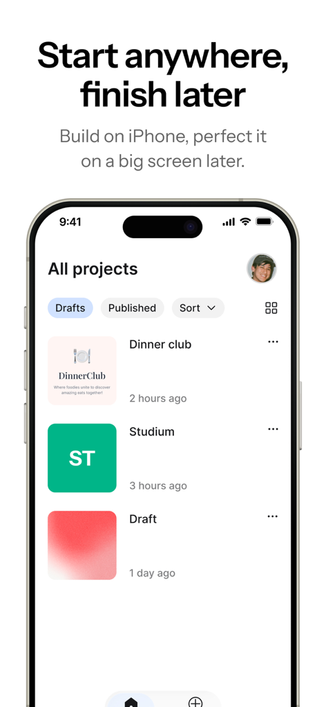 Mobile Ansicht des Anything AI App Builder Projekte-Bildschirms mit einer Liste von vom Benutzer erstellten Apps