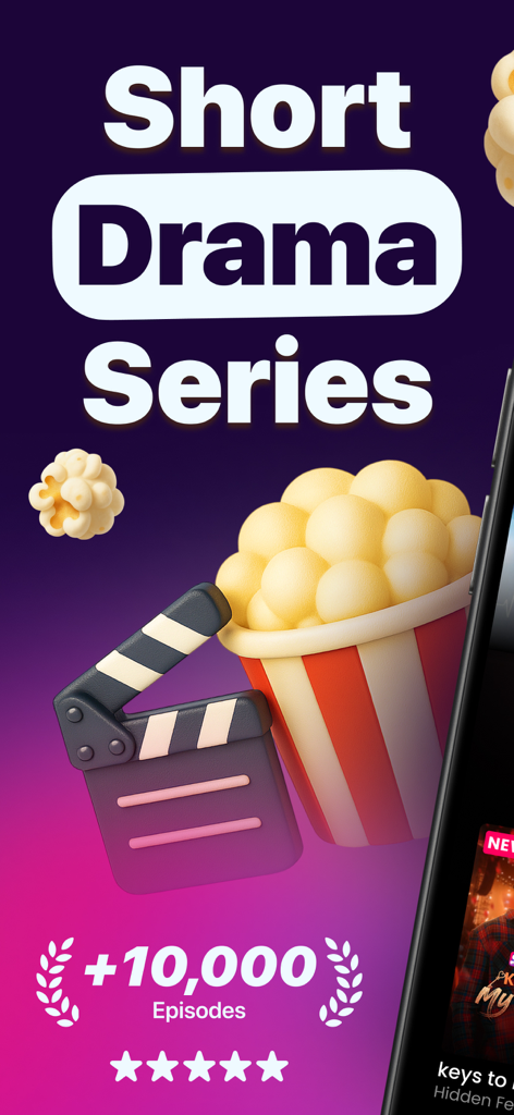 Shortical - Promotional banner for Shortical app showcasing short drama series with popcorn and movie clapperboard icons