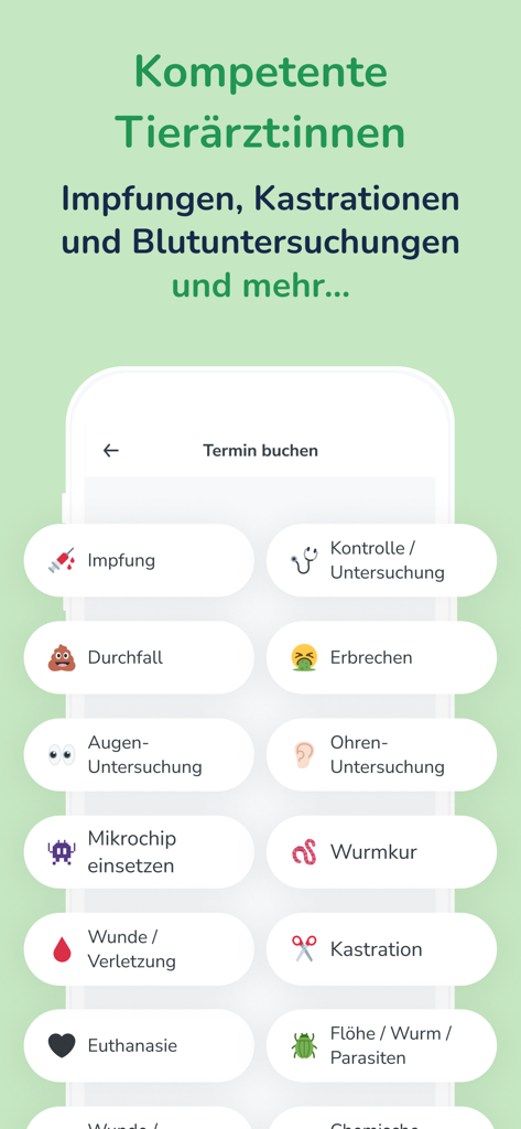 felmo Mobiler Tierarzt - felmoアプリでの様々なモバイル獣医療サービスの予約画面