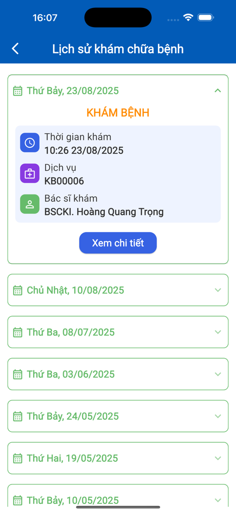 Y Khoa Việt Đức - Mobile screen showing the medical examination and treatment history list in the Y Khoa Viet Duc app