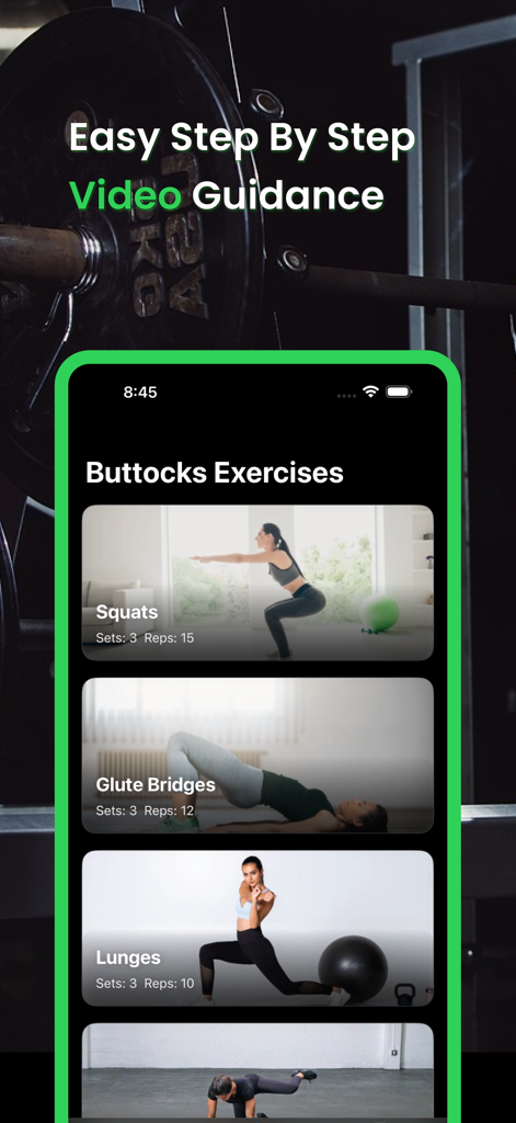 Buttocks Workout - Hips & Butt - App interface showing buttocks exercises with step by step video guidance including squats and lunges