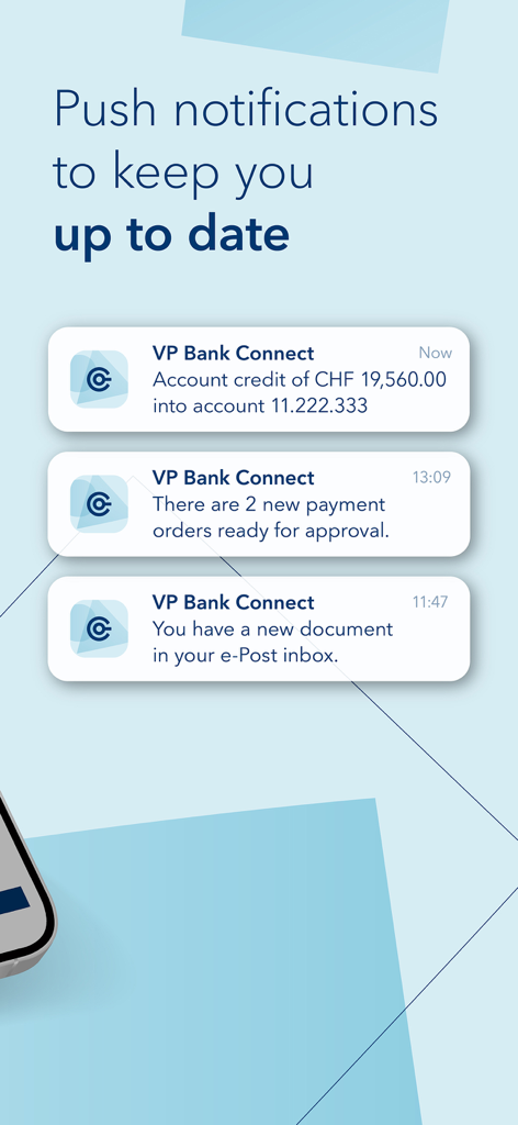 VP Bank Connect - VP Bank Connect push notifications showing account credits and payment approval alerts