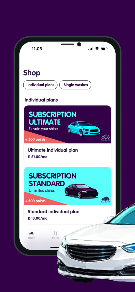 Clean Car Club+ - Pantalla de la aplicación Clean Car Club que muestra los planes de suscripción de lavado de autos Ultimate y Standard
