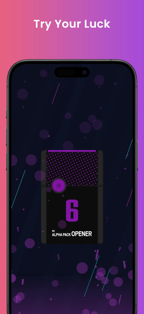 R6 Alpha Pack Opener - Smartphone screen showing the R6 Alpha Pack Opener interface with a purple loot box and Try Your Luck text.