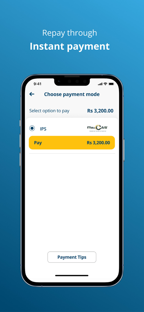 Mo Finans mobile app interface showing the instant payment option to repay a loan in Mauritian Rupees