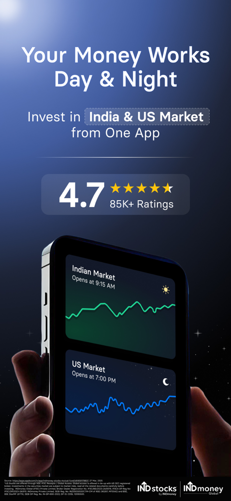 INDmoney: Stocks, Mutual Fund - INDmoneyアプリのインターフェース。インドと米国の株価追跡を表示