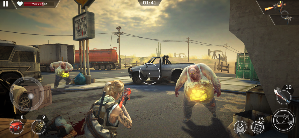 Third person shooter gameplay showing a survivor aiming a rifle at glowing bloated zombies in a post apocalyptic desert setting