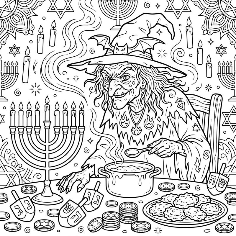 Dive into a surprisingly festive Hanukkah scene where a mystical hag prepares a holiday feast, surrounded by traditional symbols. This intricate coloring page offers a thrilling and imaginative challenge perfect for teens and older colorists.