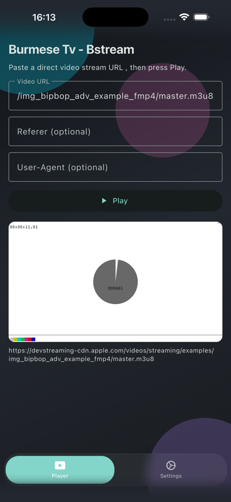 Interface of the Burmese TV-BStream app showing fields to paste a direct video stream URL and a play button