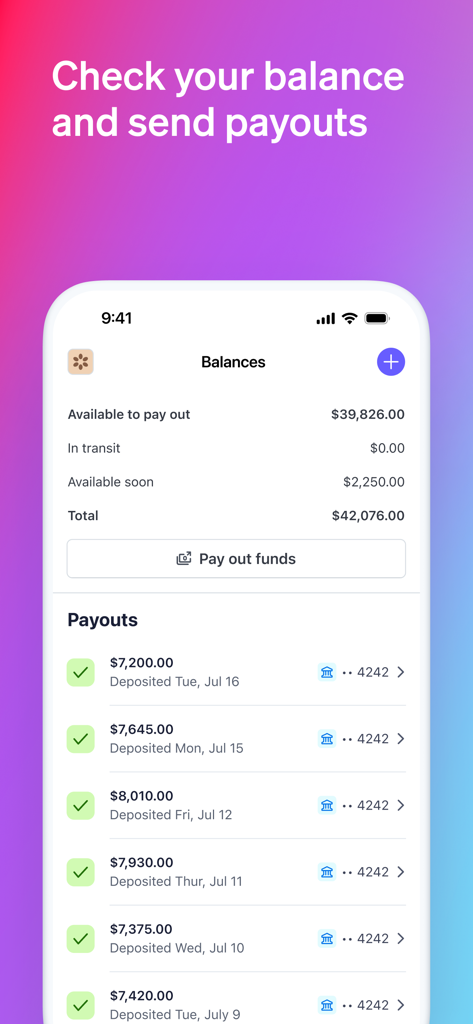 Interfaccia dell'app mobile Stripe Dashboard che mostra i saldi del conto e un elenco dei pagamenti aziendali recenti.