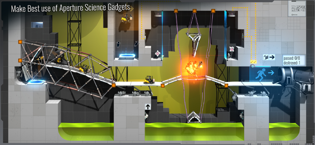 Bridge Constructor Portal - Gameplay screenshot of Bridge Constructor Portal showing bridge construction and portals in an Aperture Science test chamber