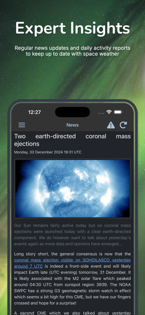 SpaceWeatherLive app interface showing expert insights and detailed solar news reports