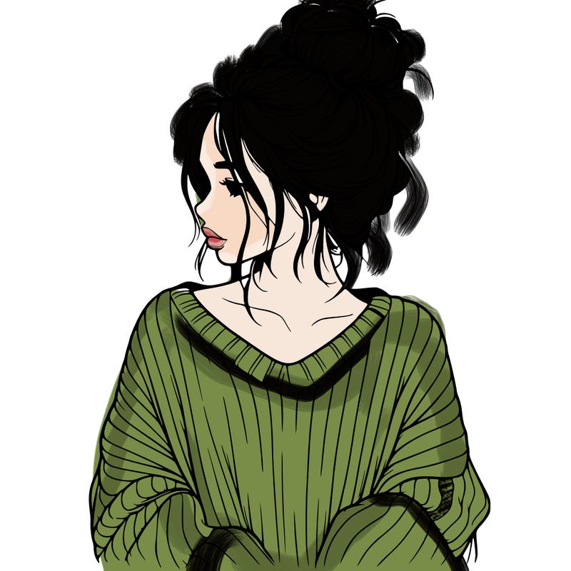 realistic girl wearing a messy bun and an oversized sweater