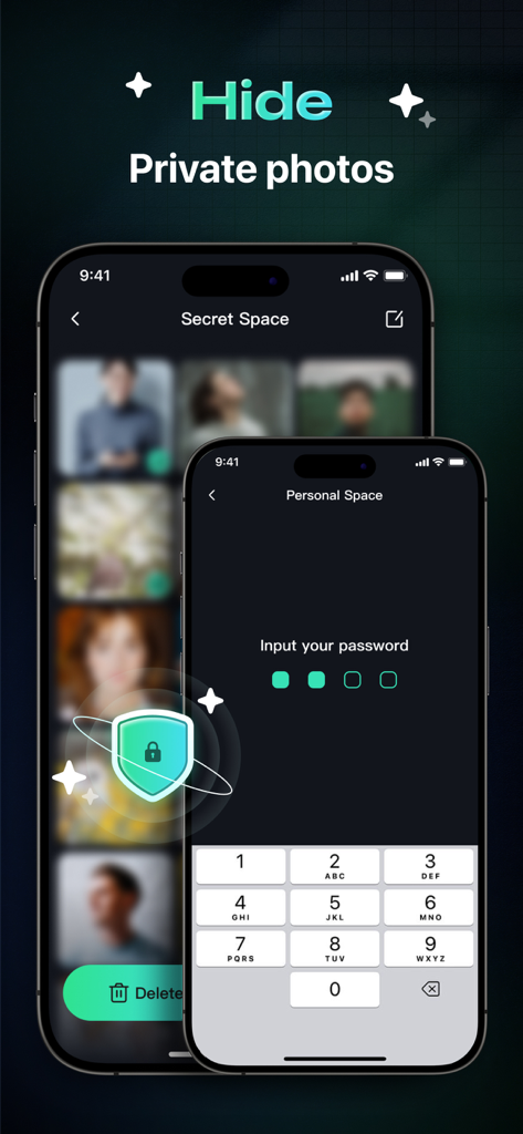 Space Cleaner – Phone Cleanup - Interfaz para ocultar fotos privadas con una contraseña en la aplicación Space Cleaner