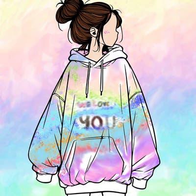 realistic girl with a oversized sweatshirt on and a bun