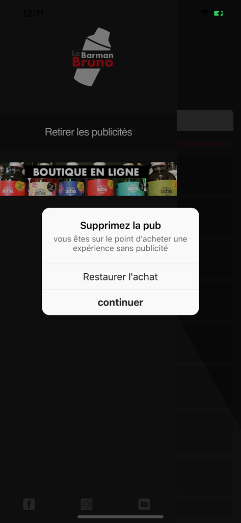 Le Barman Bruno - Pop-up screen in the Le Barman Bruno app offering an ad-free experience purchase