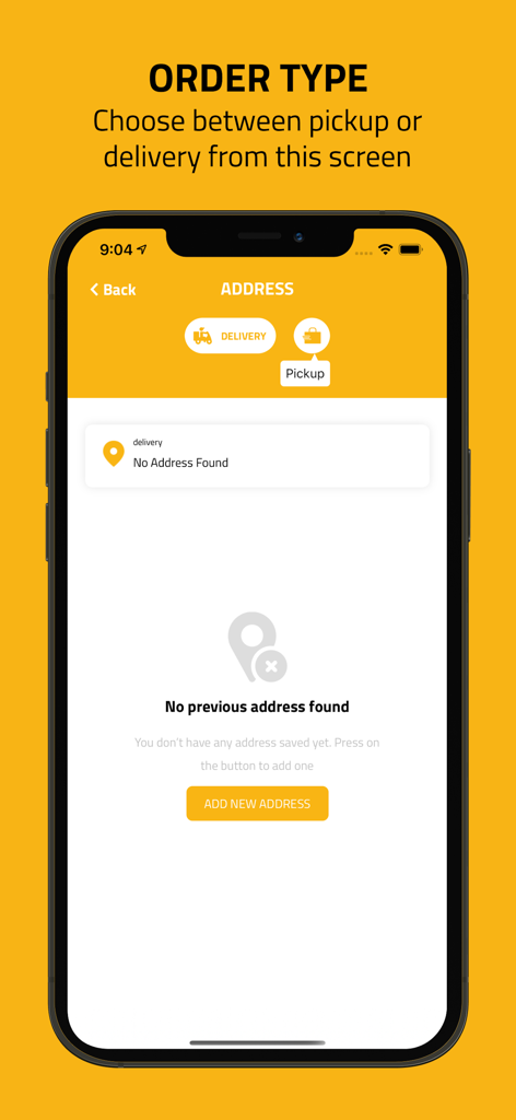 DEEP FRIES | ديب فرايز - Order type selection screen in the Deep Fries app showing options for pickup and delivery with an add new address button.