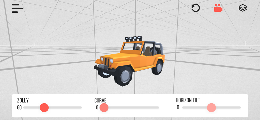 Zolly - Perspective Models - Ein gelbes 3D-Jeep-Modell in der Zolly-Perspektivzeichnungs-App mit Perspektivsteuerungen