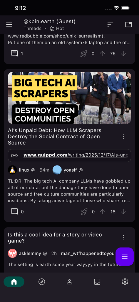 Interface of Interstellar Fediverse client showing a feed of posts from kbin and lemmy in dark mode