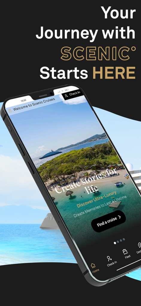 Scenic Luxury Cruises - An iPhone displaying the Scenic Luxury Cruises app home screen with a tropical beach background and a find a cruise button