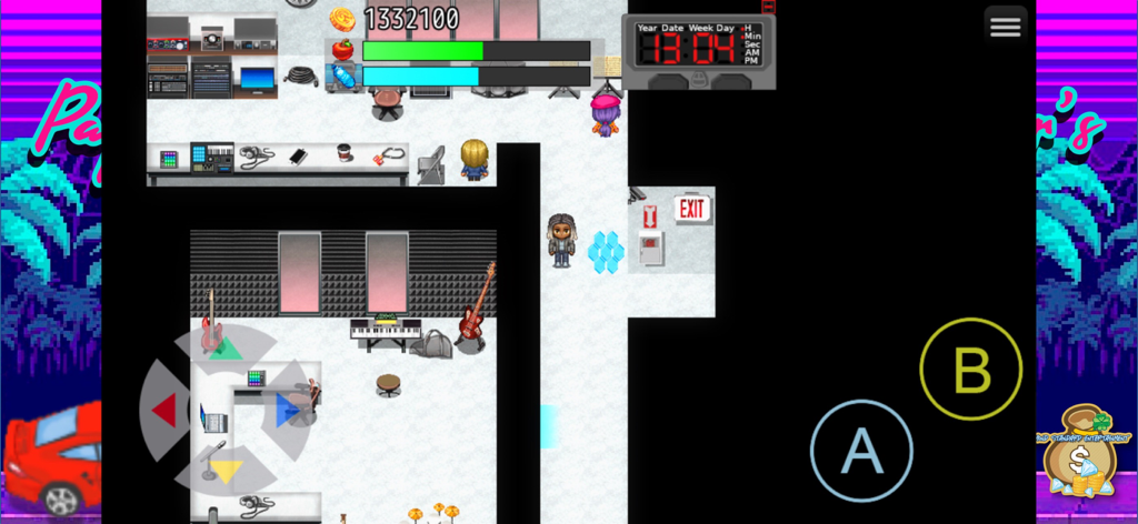 Top-down view of a character in a music recording studio within the Paper Chaser's hip-hop RPG mobile game interface.