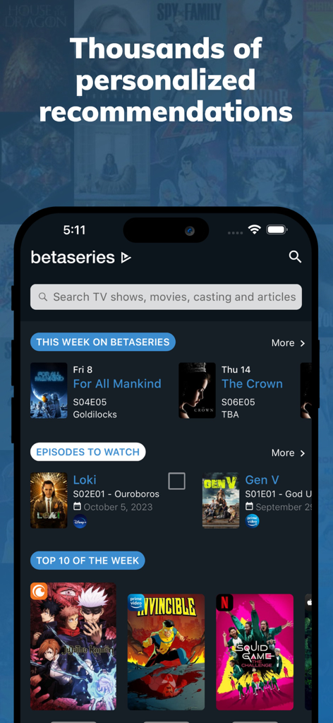 BetaSeries - TV Shows & Movies - BetaSeries mobile app interface featuring personalized recommendations and an episode tracking dashboard for TV shows and movies.