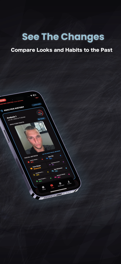 Masculinity - Scan Your Face - Masculinity app interface showing facial analysis history with metrics like jawline sharpness and face shape.