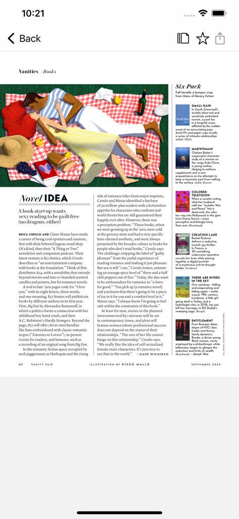 Vanity Fair Digital Edition - ピクニックのカップルのイラストと新刊リストが表示された書籍セクションを示すヴァニティ・フェアアプリのスクリーンショット。