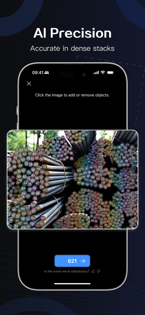 SnapCount: Photo Counter AI - La interfaz de la aplicación SnapCount demostrando la precisión de la IA contando más de 600 tuberías metálicas en una pila densa.