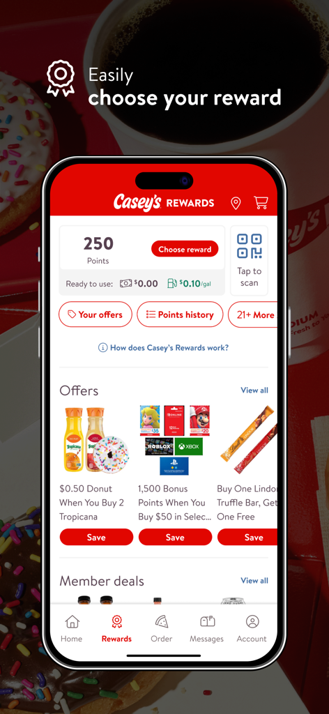 Casey's - Pantalla de la aplicación móvil de Casey's que muestra puntos de recompensa, ahorros en combustible y ofertas diarias